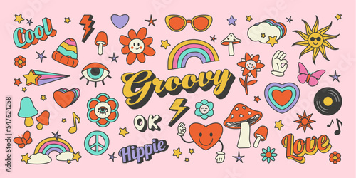 Set of stickers icons retro style 70s Groovy
