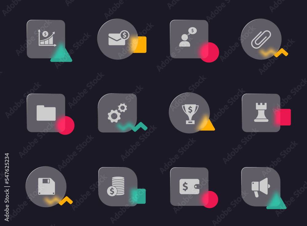 business glass morphism trendy style icons. business transparent glass vector icons with color memphis figures. for web and ui design, mobile apps and promo business advertising business glass morphism trendy style icons. business transparent glass vector icons with color memphis figures. for web and ui design, mobile apps and promo business advertising
