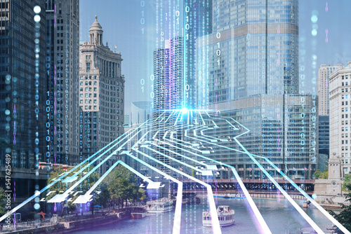 Panorama cityscape of Chicago downtown and Riverwalk, boardwalk with bridges at day time, Illinois, USA. Artificial Intelligence concept. AI and business, machine learning, neural network, robotics