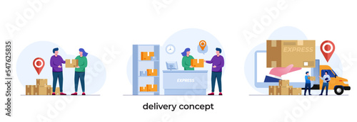 delivery concept with package, courier service, express delivery, shipping, shopping online, flat vector illustration template