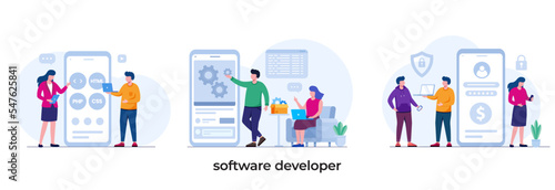 software developer presentation with client, programmer, technology, coding, code, flat vector illustration template © yelosmiley