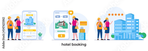 hotel booking on gadget, vacation concept, online book, traveling, tourist, flat vector illustration