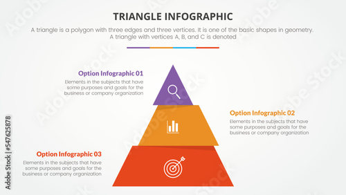 infographic triangle concept for slide presentation with 3 point list with flat pyramid cut style