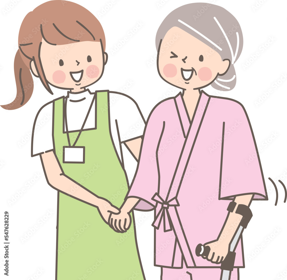 シニア女性を介助する若い介護士のイラスト シニア女性を介助する若い介護士のイラスト