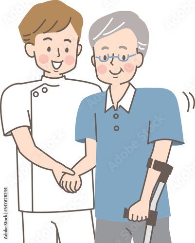 シニア男性を介助する若い介護士のイラスト