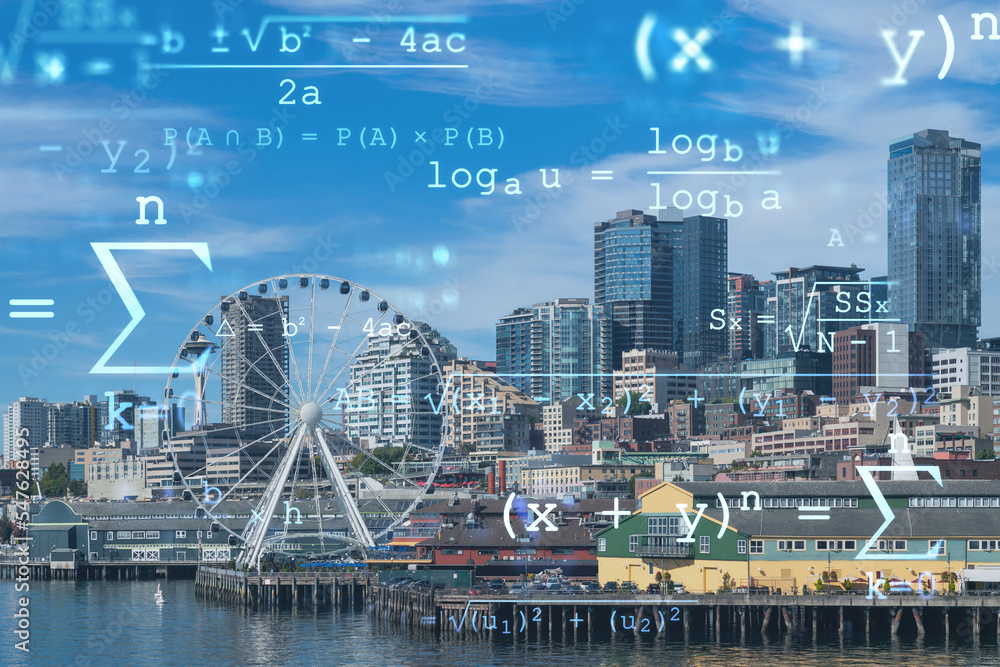 Seattle skyline with waterfront view. Skyscrapers of financial downtown at day time, Washington, USA. Technologies and education concept. Academic research, top ranking university, hologram - obrazy, fototapety, plakaty 