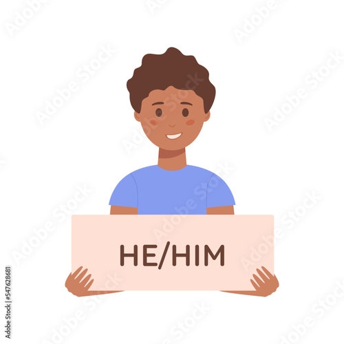 Gender pronouns. Boy holding a sign with gender pronoun he and him