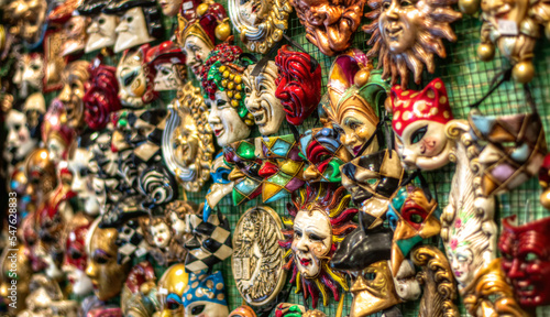 the colors of the masks hanging on a wall © corradobarattaphotos