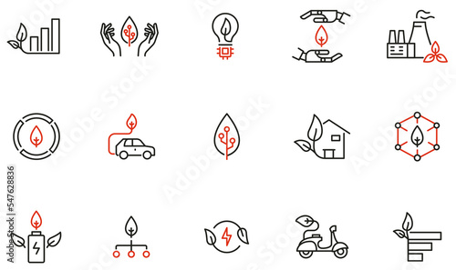 Vector Set of Linear Icons Related to Greens Technology, Balance in the Interaction of Smart Technologies and Life. Mono line pictograms and infographics design elements