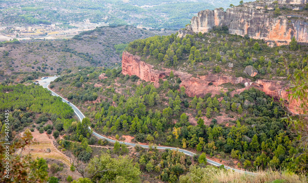 Landscape from a cliff at Siurana- road in the forest,  Catalonia in Spain