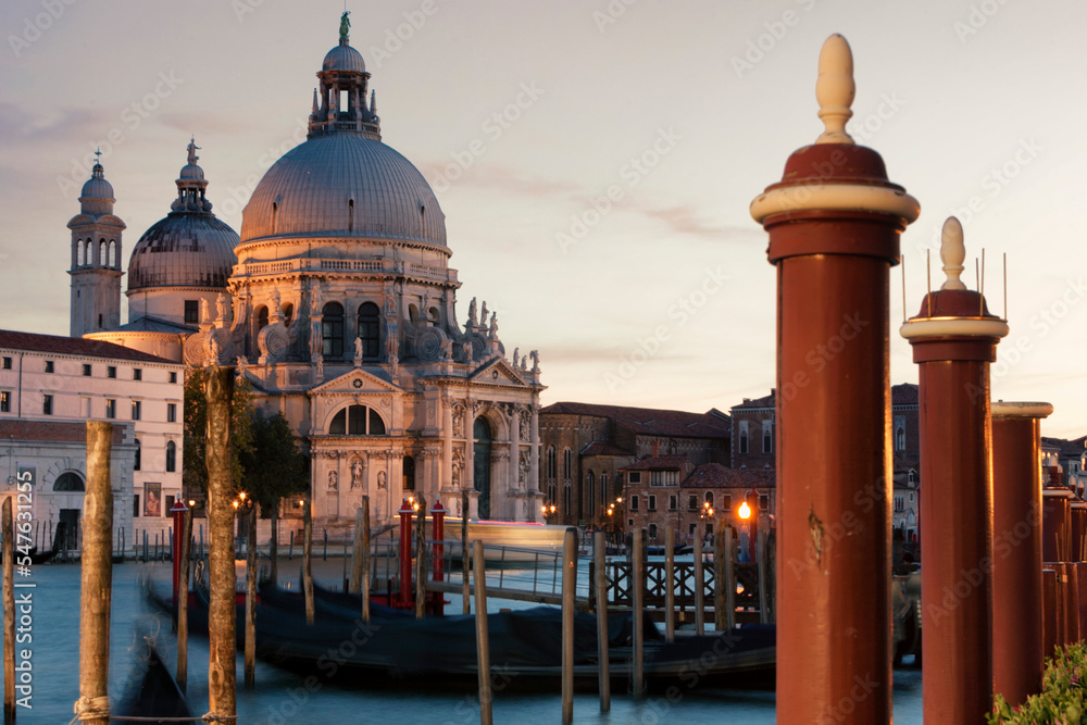 Venezia. Santa Maria della Salute, facciata sul Canal Grande con gondole e pali.