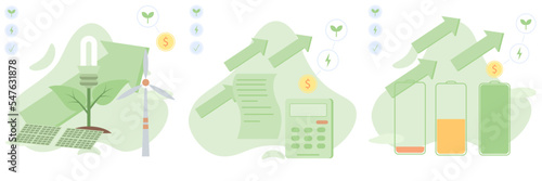 Character with a high level of life battery charge indicator. Sustainability illustration set. Characters calculating and paying electricity, utilities and household invoice bills. Vector illustration