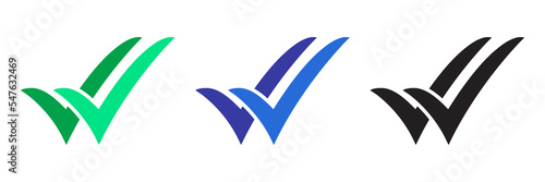 Double checking icon. Green, blue and black double tick, check mark. Flat done sticker icon isolated on white. Accept button. Good for web and software interfaces. Vector illustration.