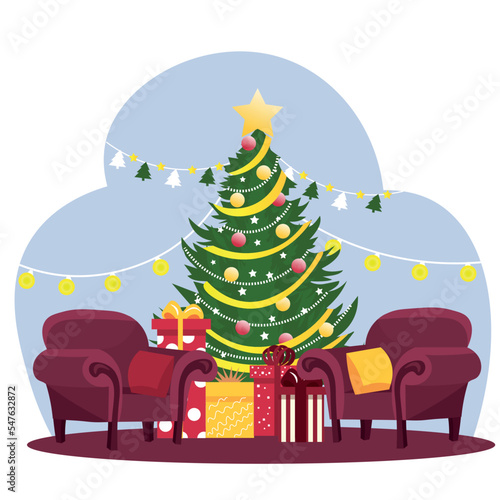 Interior of living room decorated for Christmas on white background