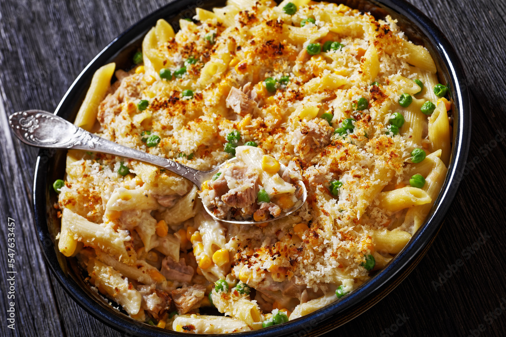 Tuna Mornay in baking dish, top view Tuna Mornay in baking dish, top view