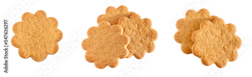Sweet Swedish almond thins with ginger and cinnamon (Pepparkaka or Pepparkakor biscuits) set isolated on white background. photo