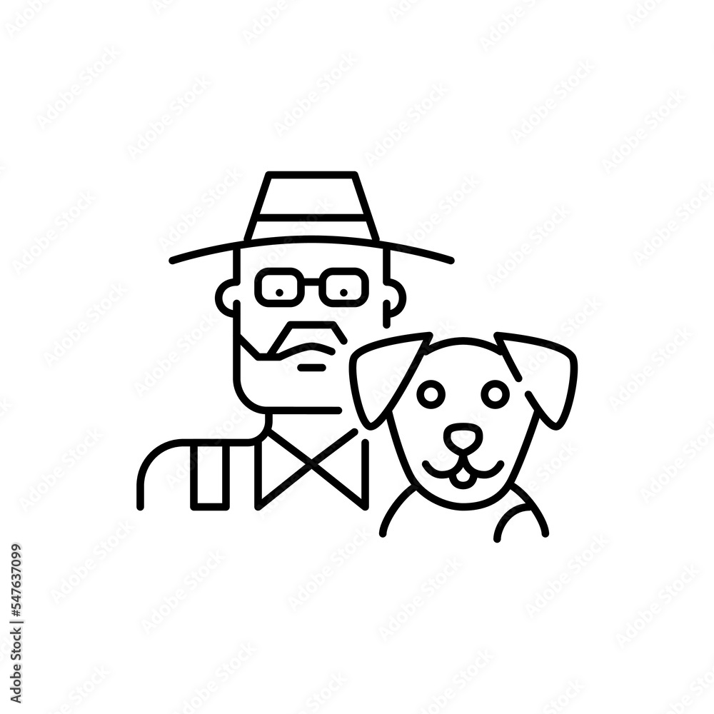Elderly man in farmer hat and his dog. Pet owner icon. Pixel perfect, editable stroke design Elderly man in farmer hat and his dog. Pet owner icon. Pixel perfect, editable stroke design