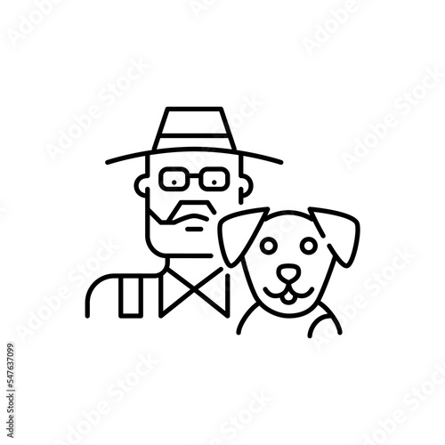 Elderly man in farmer hat and his dog. Pet owner icon. Pixel perfect, editable stroke design