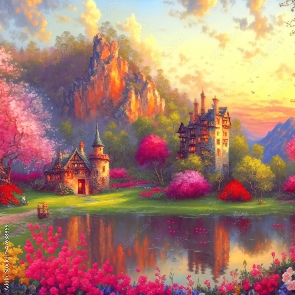 A cozy stone old castle on a grass field reflecting in a lake. Rural beautiful landscape with flowers and trees against sunset sky and mountains. Digital painting illustration.