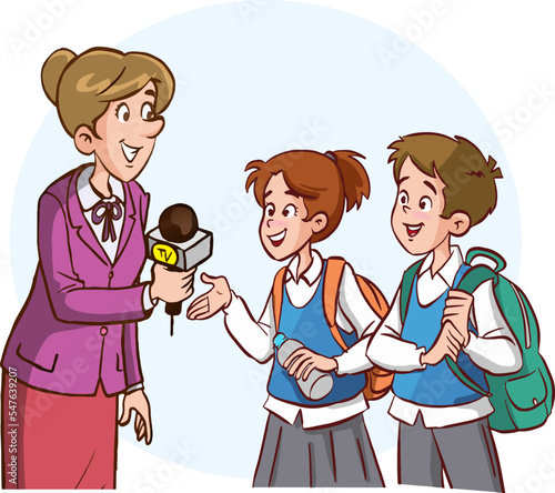 journalist woman doing street interview with students and children