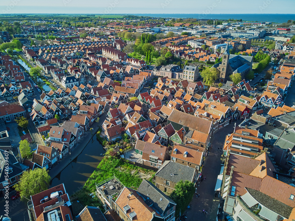 Aerial drone view of picturesque village of Volendam in North Holland, Netherlands