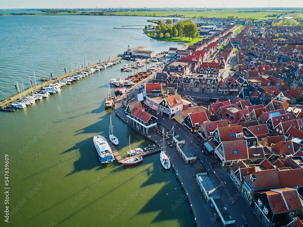 Aerial drone view of picturesque village of Volendam in North Holland, Netherlands