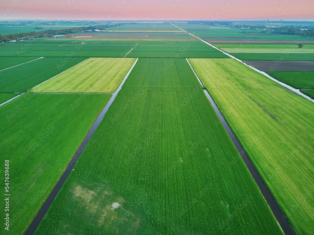Aerial drone view of typical Dutch fields and polders