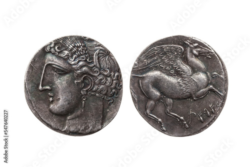 Silver 5 shekel Carthaginian coin replica portrait of Tanit the sky goddess and the winged horse Pegasus the First Punic War 264-260 BC, png stock photo cut out and isolated on transparent background