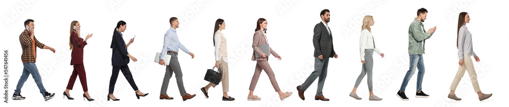 Obraz premium Collage with photos of people wearing stylish outfit walking on white background. Banner design