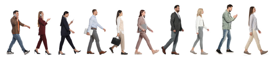 Collage with photos of people wearing stylish outfit walking on white background. Banner design