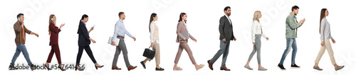 Collage with photos of people wearing stylish outfit walking on white background. Banner design photo