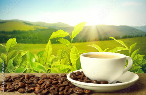 Cup of aromatic hot coffee on wooden table and beautiful view of mountain landscape