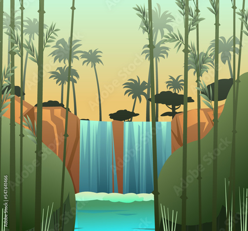 Waterfall in rocks. Tropical thickets and bamboo grove. Landscape with rocks and river among stones. Water is flowing. Splashes are pouring. Cartoon fun style. Flat design. Vector.