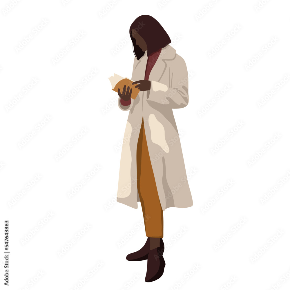 Vector black girl in a long coat stands and reads a book