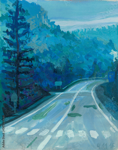 road in the morning forest, painted in gouache in blue tones