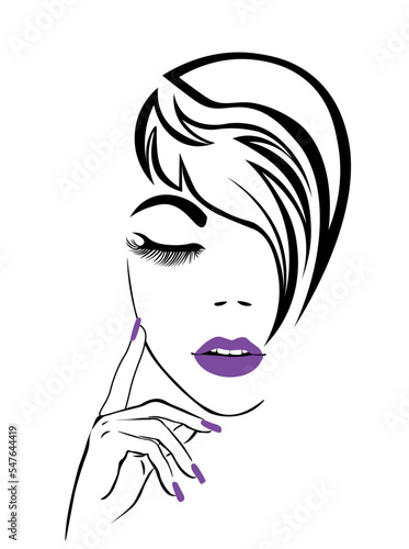 portrait of the girl. Woman face. Sexy woman with purple lips and short haircut  