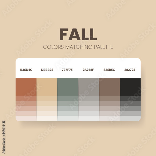 Color palette in a Fall colour themed collections. Color scheme or colors chart template. Color combination set of RGB, HSL and HEX codes. Color swatch for art, fashion, home design, or web design.