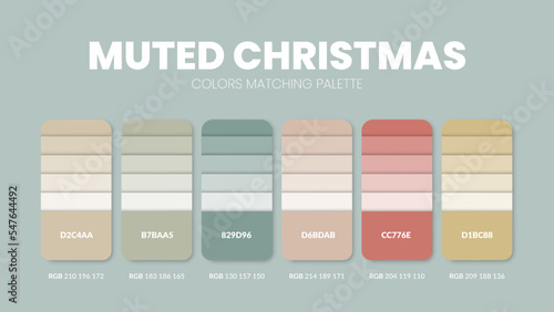 Color palette in a Christmas colour themed collections. Color scheme or colors chart template. Color combination set of RGB, HSL and HEX codes. Color swatch for art, fashion, home or web design.