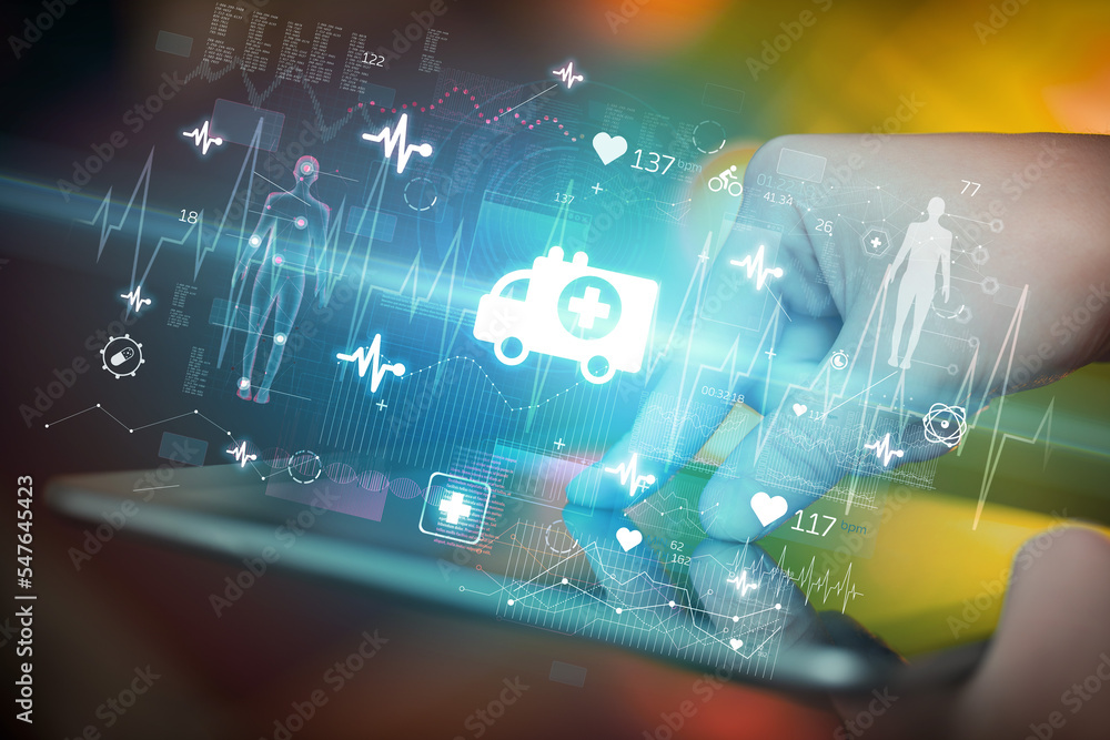 Close-up of a touchscreen with healthcare icons Close-up of a touchscreen with healthcare icons