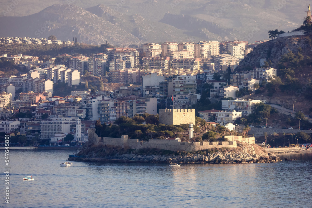 Homes and Buildings in a Touristic Town by the Aegean Sea. Kusadasi, Turkey. Sunny Evening.