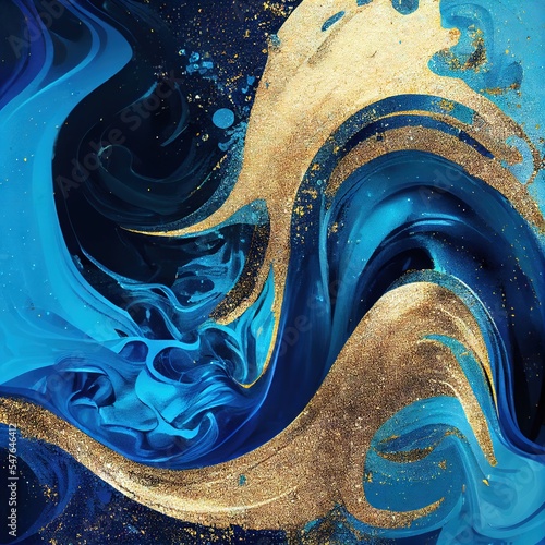 Tela Blue and golden liquid ink churning with glitter mixed together, curl wave backg