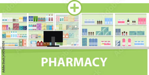The interior of the pharmacy. The buyer with the goods stands near the pharmacist. Vector illustration.