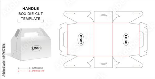 Handle box die cut template with 3D blank vector mockup for food packaging