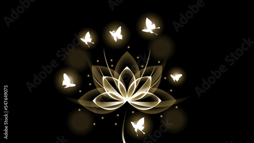 Abstract Dark Background With Butterflies Insects And Flower Glow Light Shine Flashes Vector Design Style