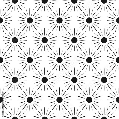 Seamless ethnic pattern with shabby sun and rays silhouette. Black ornament on white background. Vector illustration with geometric texture. Solar print