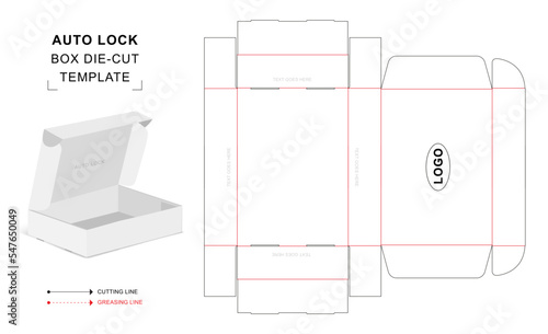 Auto lock box die cut template with 3D blank vector mockup for food packaging
