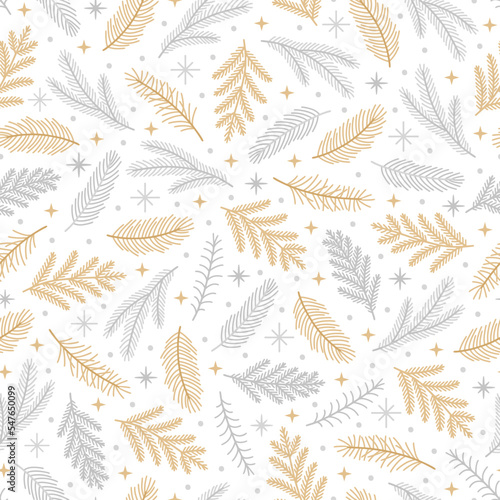 Christmas seamless pattern with various fir branches and snowflakes. Winter festive background. Vector illustration