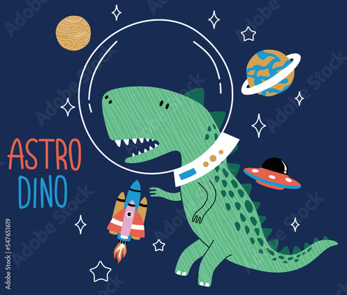 cute dino flying in space. 
