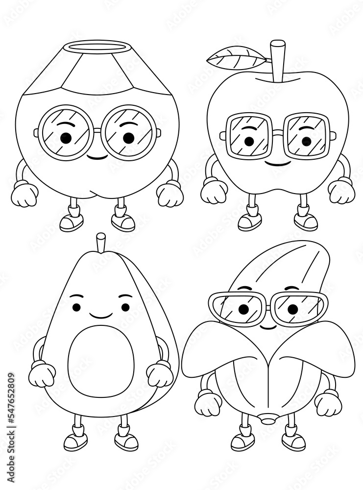 Set vector outline illustration of fruits mascot character for coloring book
