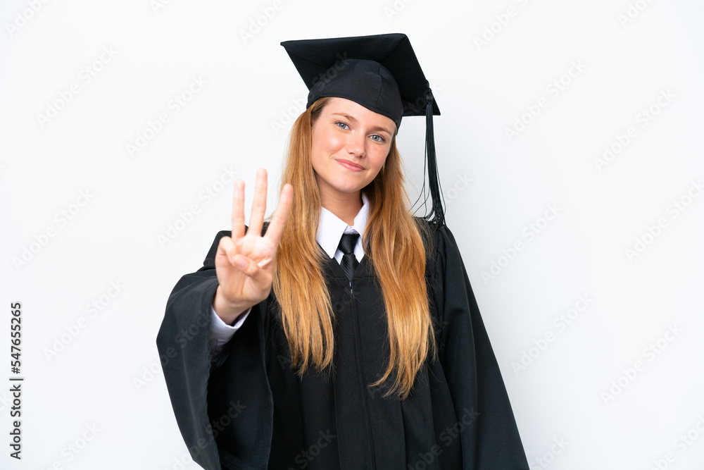 Young university graduate caucasian woman isolated on white background happy and counting three with fingers Young university graduate caucasian woman isolated on white background happy and counting three with fingers